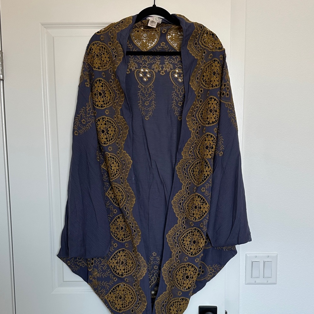 Free People Navy Blue and Gold Embroidered Wrap Scarf